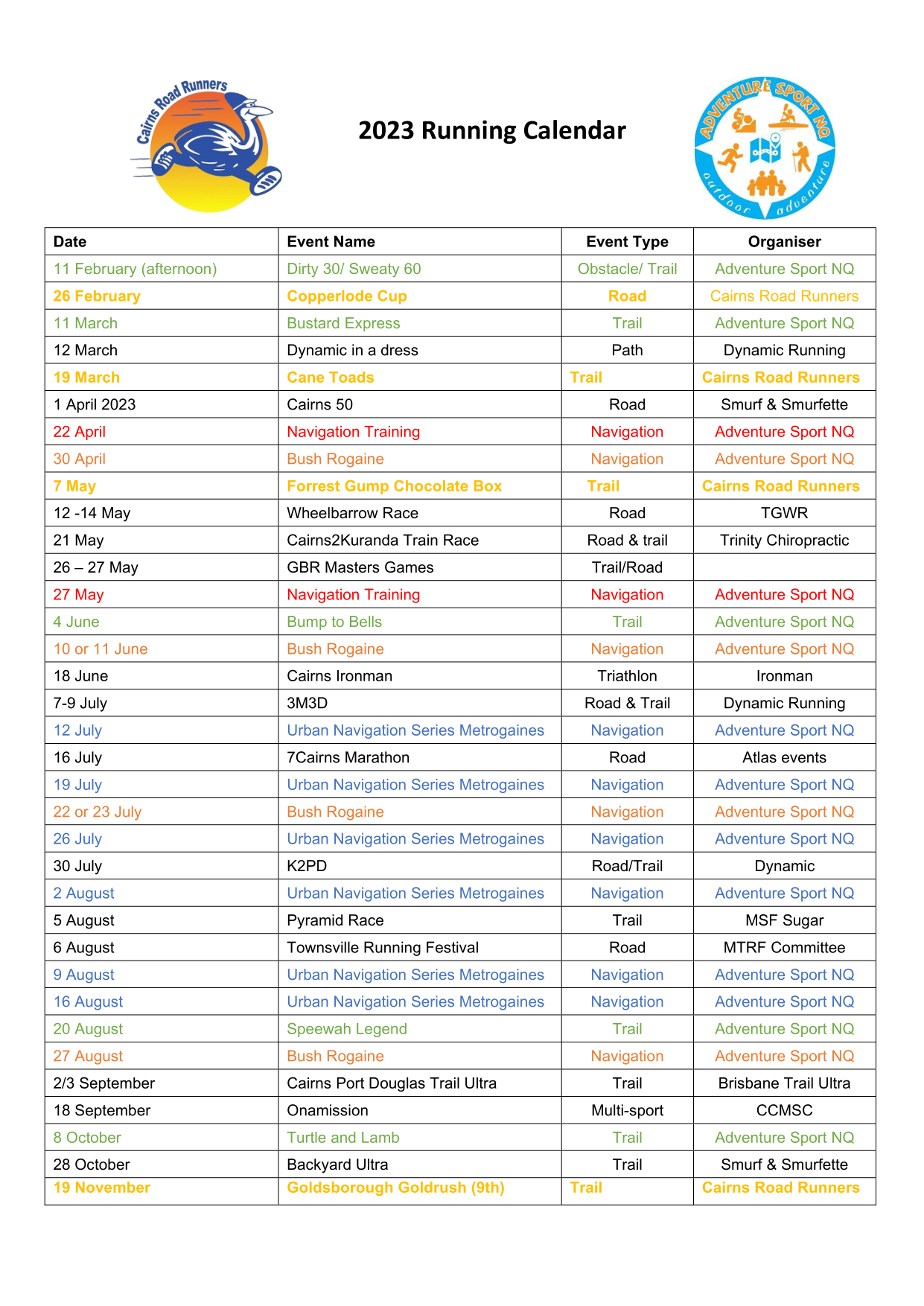 Running Events Calendar 2024 glyn charissa