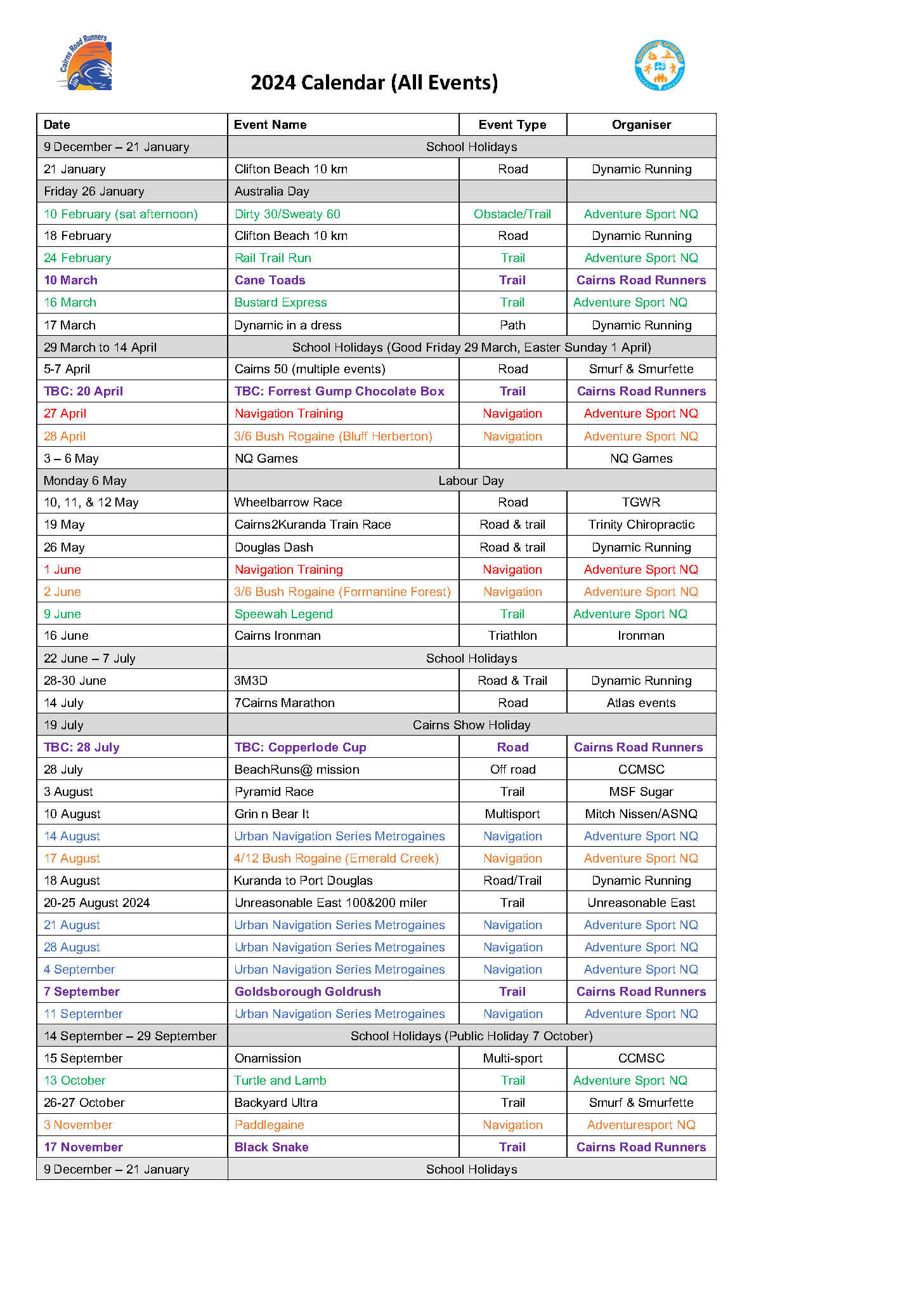 2024 Calendar CAIRNS ROAD RUNNERS